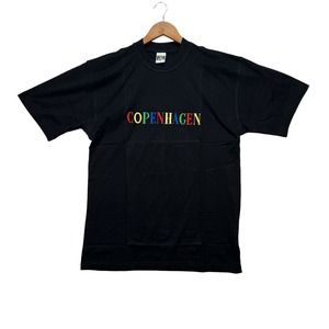 Vintage 90s Copenhagen Embroidered Logo 'Danmark' Rainbow T Shirt Black Men's M